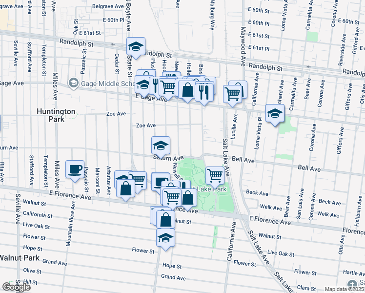 map of restaurants, bars, coffee shops, grocery stores, and more near 6845 Hollenbeck Street in Huntington Park