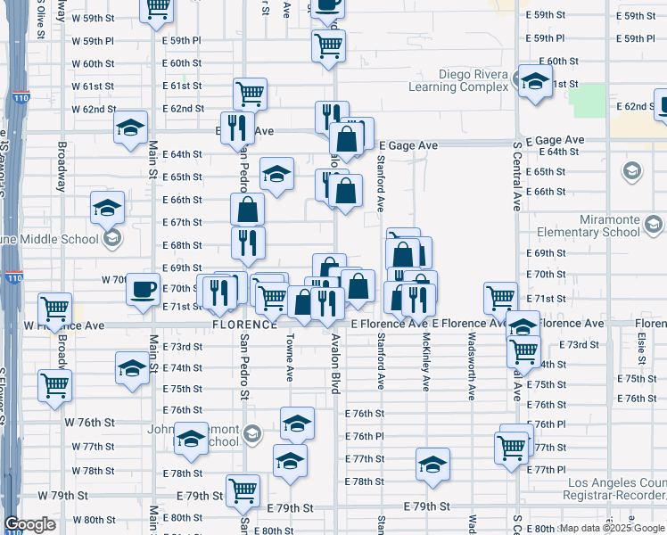 map of restaurants, bars, coffee shops, grocery stores, and more near 445 East 70th Street in Los Angeles
