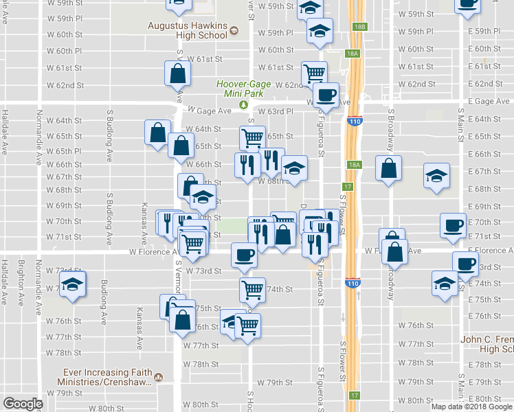map of restaurants, bars, coffee shops, grocery stores, and more near 6928 South Hoover Street in Los Angeles