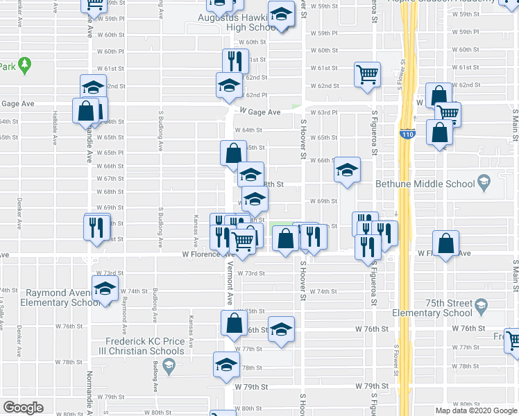 map of restaurants, bars, coffee shops, grocery stores, and more near 917 West 70th Street in Los Angeles