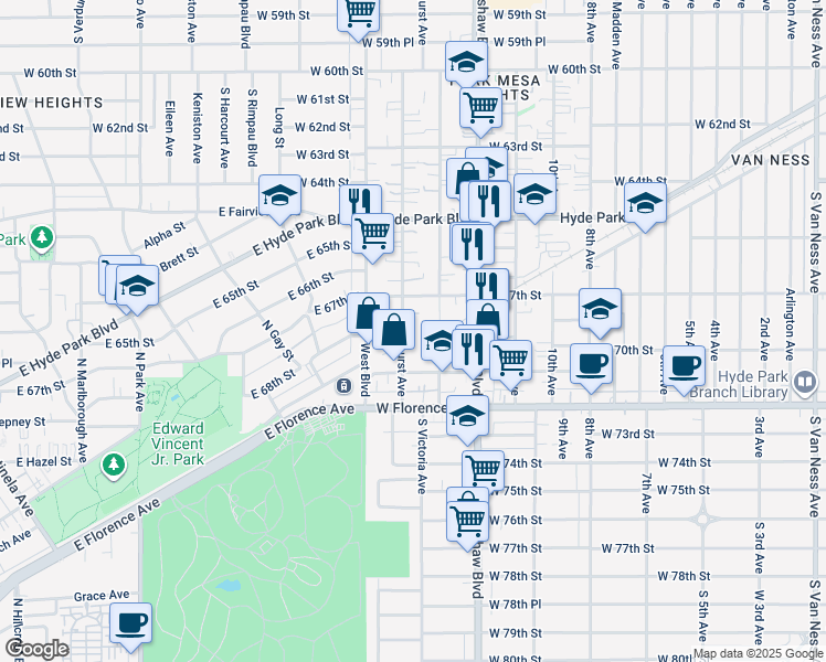 map of restaurants, bars, coffee shops, grocery stores, and more near 6814 Brynhurst Avenue in Los Angeles