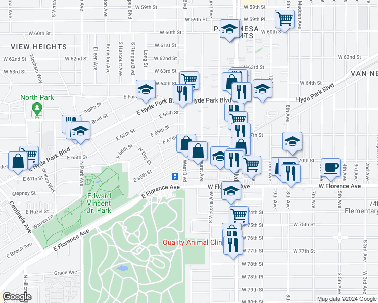 map of restaurants, bars, coffee shops, grocery stores, and more near 6808 West Boulevard in Los Angeles