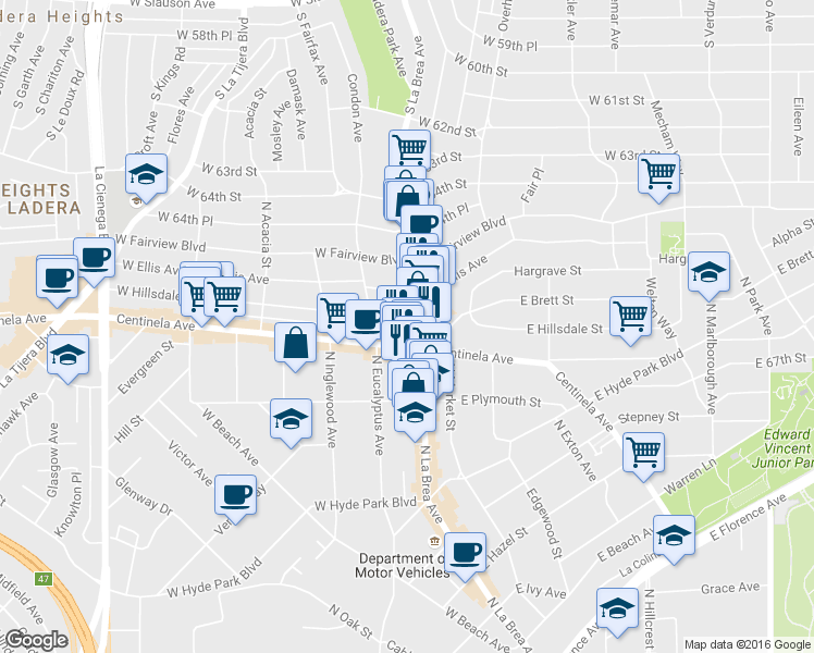 map of restaurants, bars, coffee shops, grocery stores, and more near 1134 Centinela Avenue in Inglewood