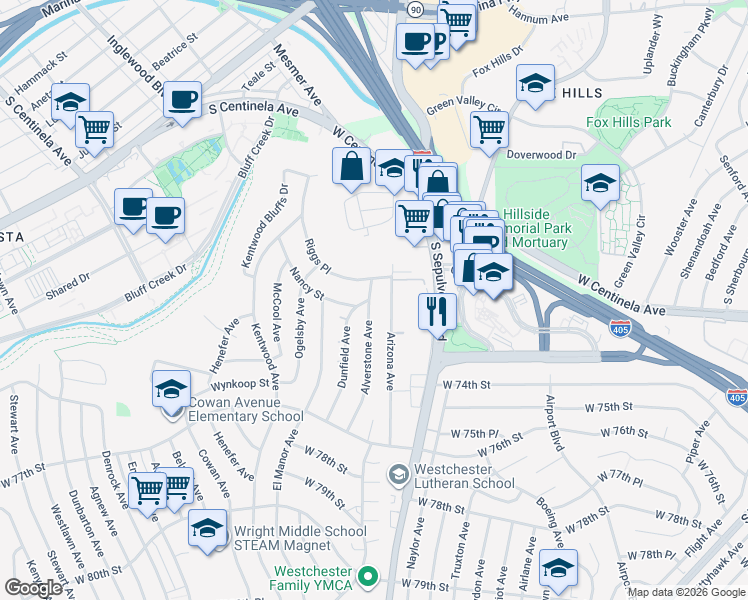 map of restaurants, bars, coffee shops, grocery stores, and more near 7015 Arizona Avenue in Los Angeles