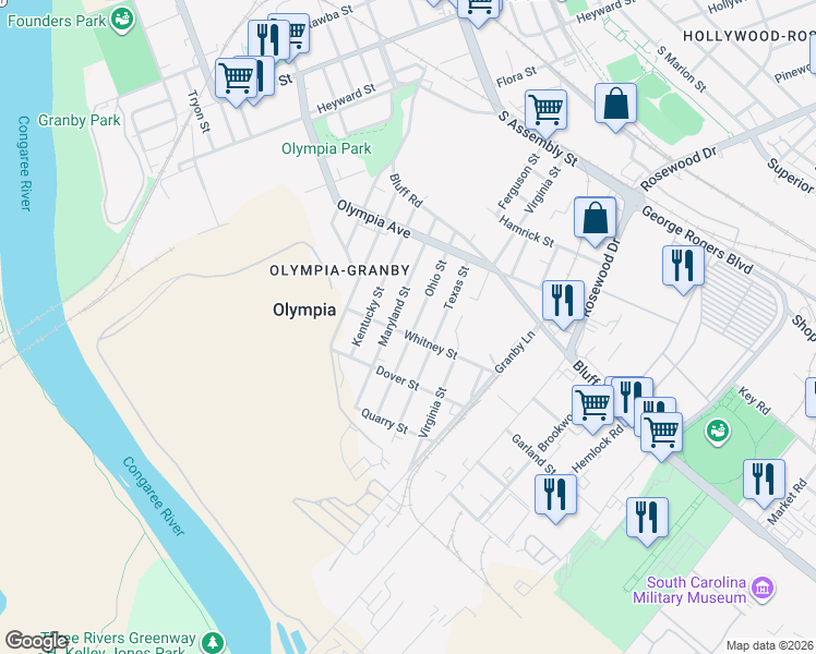 map of restaurants, bars, coffee shops, grocery stores, and more near 1217 Whitney Street in Columbia