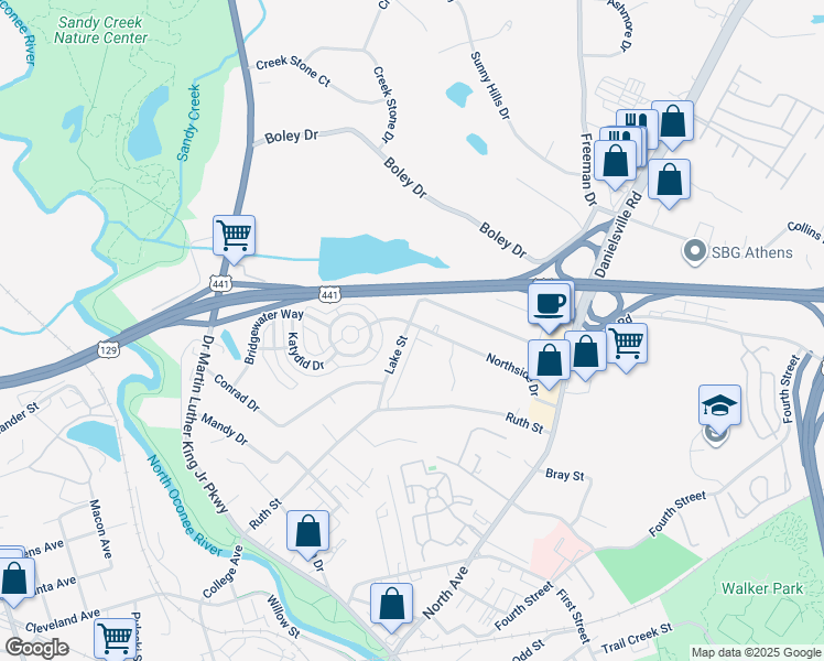 map of restaurants, bars, coffee shops, grocery stores, and more near 265 Northside Drive in Athens