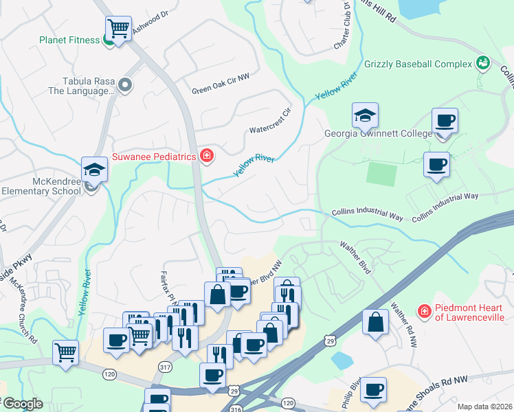 map of restaurants, bars, coffee shops, grocery stores, and more near 554 Rivulett Court in Lawrenceville