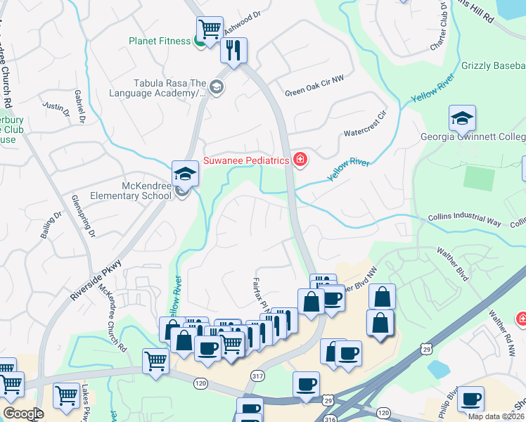 map of restaurants, bars, coffee shops, grocery stores, and more near 1084 Allison Woods Court Northwest in Lawrenceville
