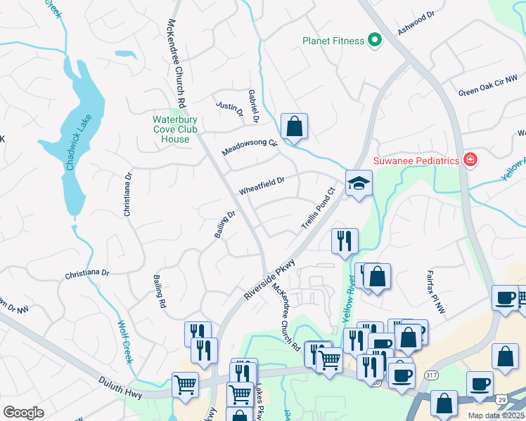 map of restaurants, bars, coffee shops, grocery stores, and more near 1448 Field Creek Terrace in Lawrenceville