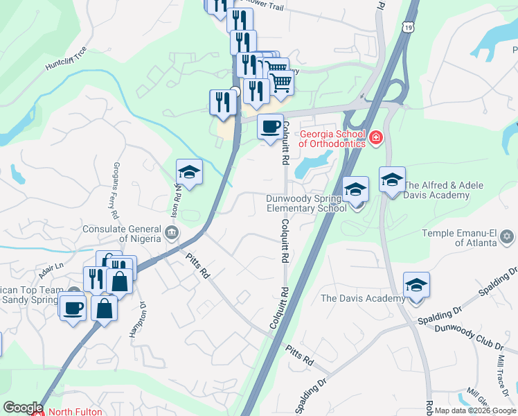 map of restaurants, bars, coffee shops, grocery stores, and more near 520 Granite Ridge Place in Atlanta