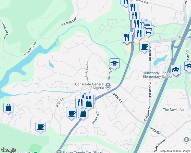 map of restaurants, bars, coffee shops, grocery stores, and more near 8115 Grogans Ferry Road in Atlanta