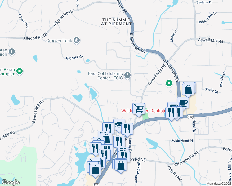 map of restaurants, bars, coffee shops, grocery stores, and more near 2221 Meadow Wood Court in Marietta