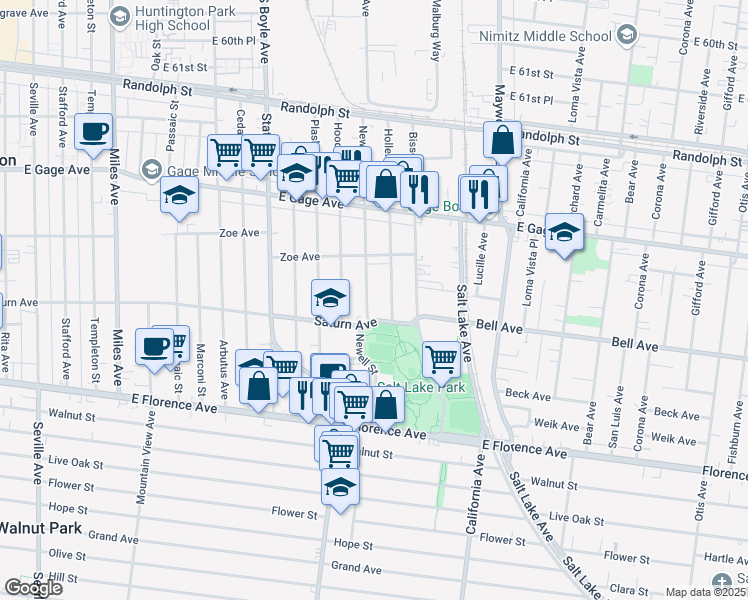 map of restaurants, bars, coffee shops, grocery stores, and more near 6826 Newell Street in Huntington Park