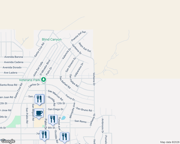 map of restaurants, bars, coffee shops, grocery stores, and more near 9875 La Paloma Lane in Desert Hot Springs
