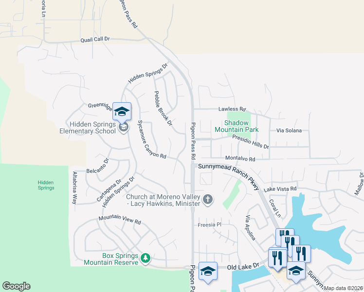 map of restaurants, bars, coffee shops, grocery stores, and more near 9958 Whitewater Road in Moreno Valley