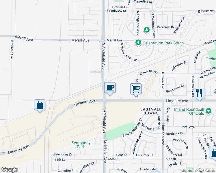 map of restaurants, bars, coffee shops, grocery stores, and more near 5984 Archibald Avenue in Eastvale