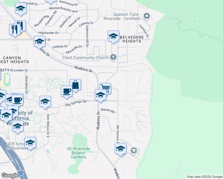 map of restaurants, bars, coffee shops, grocery stores, and more near 195 West Big Springs Road in Riverside