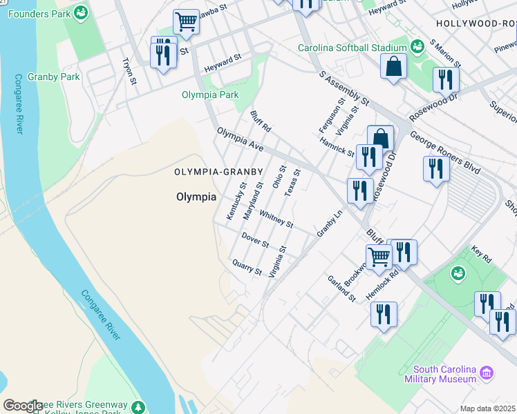 map of restaurants, bars, coffee shops, grocery stores, and more near 1217 Whitney Street in Columbia