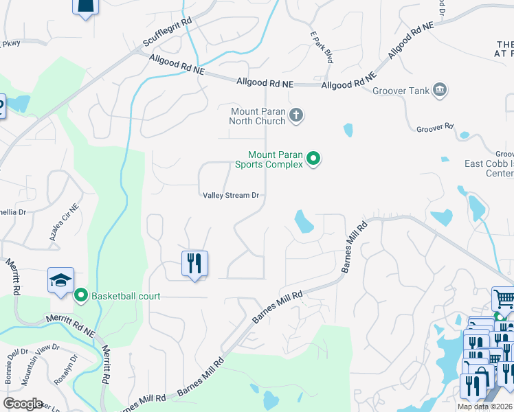 map of restaurants, bars, coffee shops, grocery stores, and more near 1044 Rockcrest Drive in Marietta