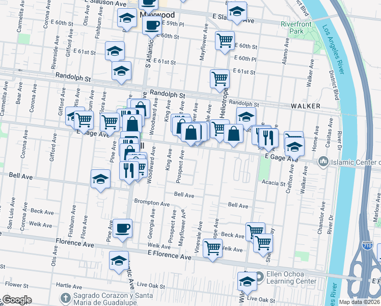 map of restaurants, bars, coffee shops, grocery stores, and more near 6500 Mayflower Avenue in Bell