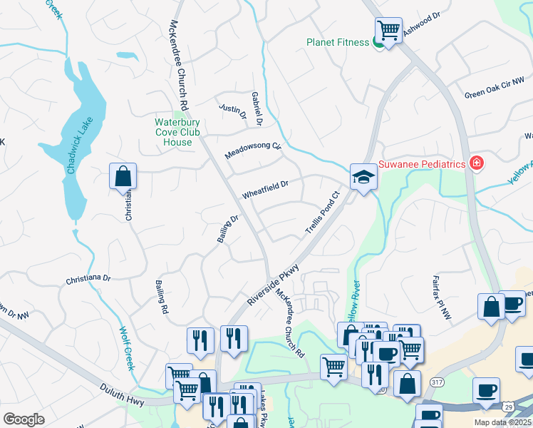 map of restaurants, bars, coffee shops, grocery stores, and more near 1448 Field Creek Terrace in Lawrenceville