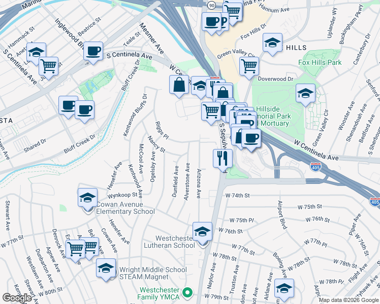map of restaurants, bars, coffee shops, grocery stores, and more near 7015 Arizona Avenue in Los Angeles