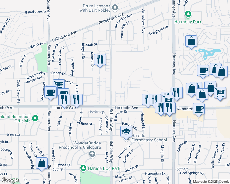 map of restaurants, bars, coffee shops, grocery stores, and more near 5986 Altyn Drive in Eastvale