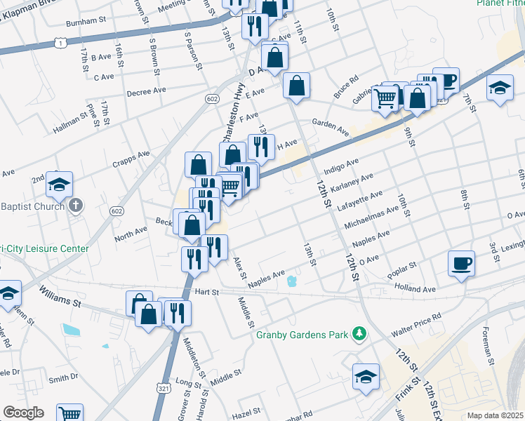 map of restaurants, bars, coffee shops, grocery stores, and more near 1343 Karlaney Avenue in Cayce