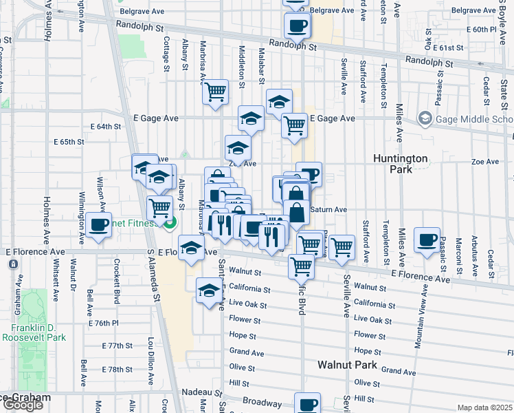 map of restaurants, bars, coffee shops, grocery stores, and more near 6908 Middleton Street in Huntington Park