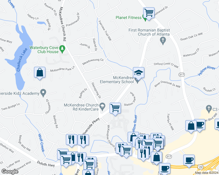 map of restaurants, bars, coffee shops, grocery stores, and more near 1387 Emerald Pine Court in Lawrenceville