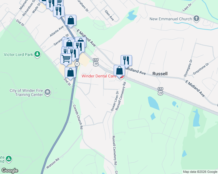 map of restaurants, bars, coffee shops, grocery stores, and more near 104 Lighthouse Way in Winder