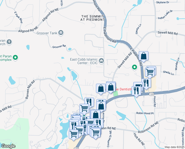 map of restaurants, bars, coffee shops, grocery stores, and more near 2221 Meadow Wood Court in Marietta