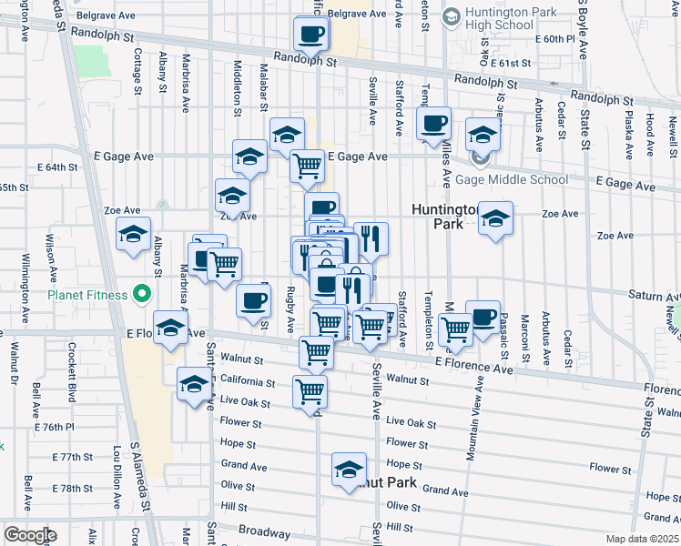 map of restaurants, bars, coffee shops, grocery stores, and more near in Huntington Park