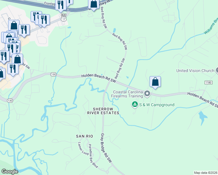 map of restaurants, bars, coffee shops, grocery stores, and more near 320 Gray Bridge Road Southwest in Shallotte