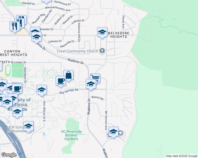 map of restaurants, bars, coffee shops, grocery stores, and more near 195 West Big Springs Road in Riverside