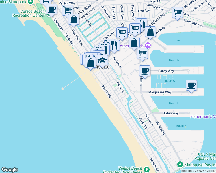 map of restaurants, bars, coffee shops, grocery stores, and more near 27 Eastwind Street in Marina del Rey