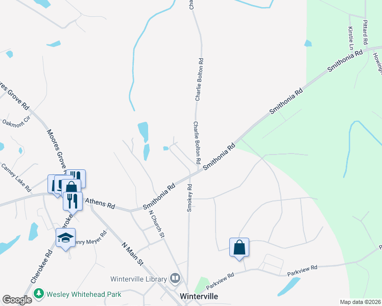 map of restaurants, bars, coffee shops, grocery stores, and more near 222 Smithonia Road in Winterville