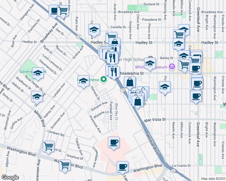 map of restaurants, bars, coffee shops, grocery stores, and more near 7012 Walnut Grove Drive in Whittier
