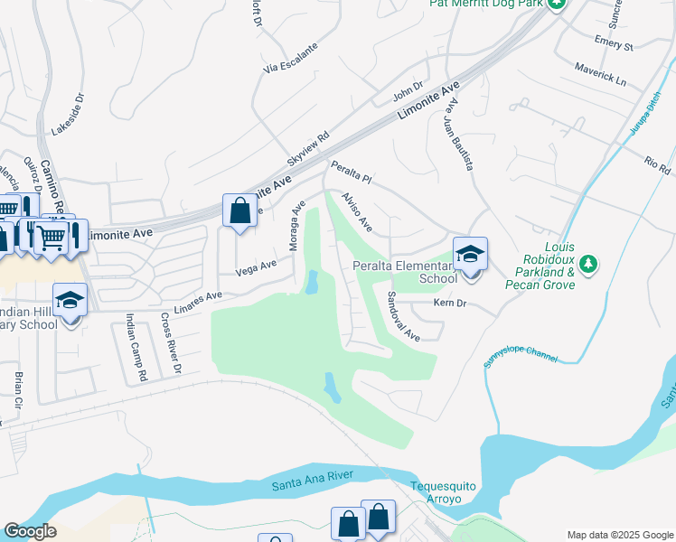 map of restaurants, bars, coffee shops, grocery stores, and more near 6157 Avenue Juan Diaz in Riverside