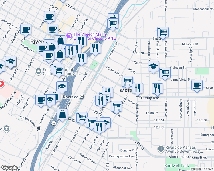 map of restaurants, bars, coffee shops, grocery stores, and more near 2938 9th Street in Riverside