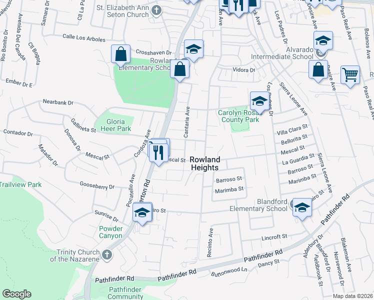 map of restaurants, bars, coffee shops, grocery stores, and more near 18301 Mescal Street in Rowland Heights