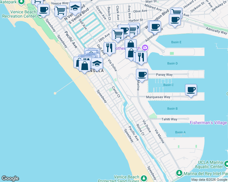 map of restaurants, bars, coffee shops, grocery stores, and more near 114 Fleet Street in Marina del Rey