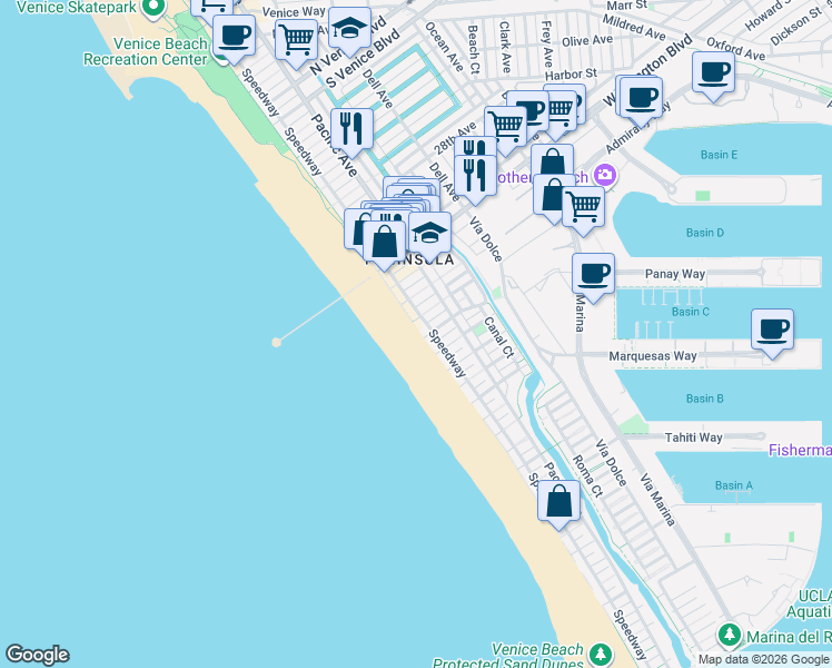 map of restaurants, bars, coffee shops, grocery stores, and more near 3412 Ocean Front Walk in Marina del Rey