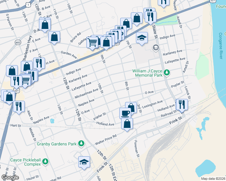 map of restaurants, bars, coffee shops, grocery stores, and more near 901 Naples Avenue in Cayce