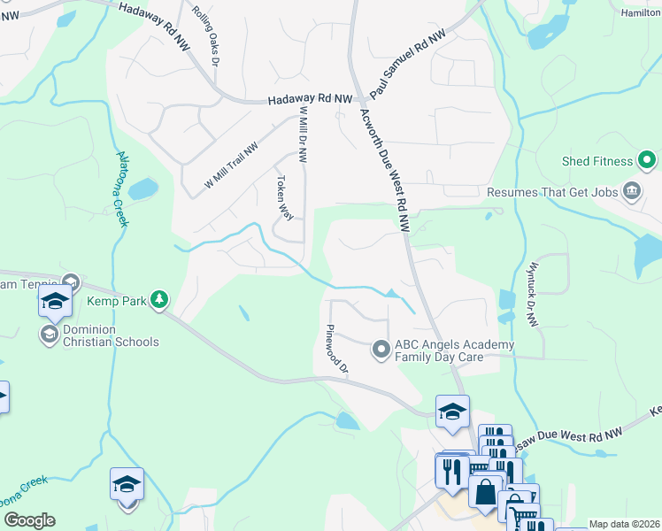 map of restaurants, bars, coffee shops, grocery stores, and more near 4190 Valley Wood Drive Northwest in Marietta