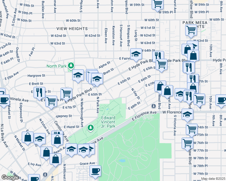 map of restaurants, bars, coffee shops, grocery stores, and more near 916 East 65th Street in Inglewood
