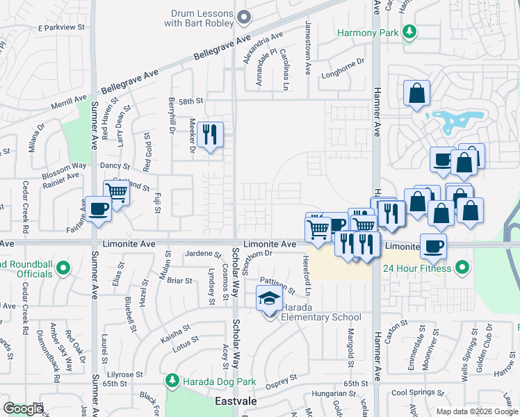 map of restaurants, bars, coffee shops, grocery stores, and more near 12930 Lassen Drive in Eastvale