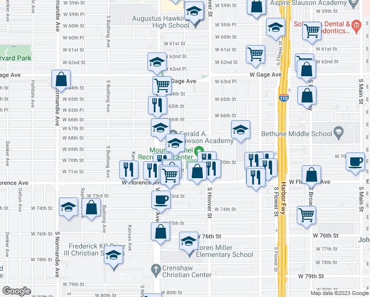 map of restaurants, bars, coffee shops, grocery stores, and more near 837 West 70th Street in Los Angeles