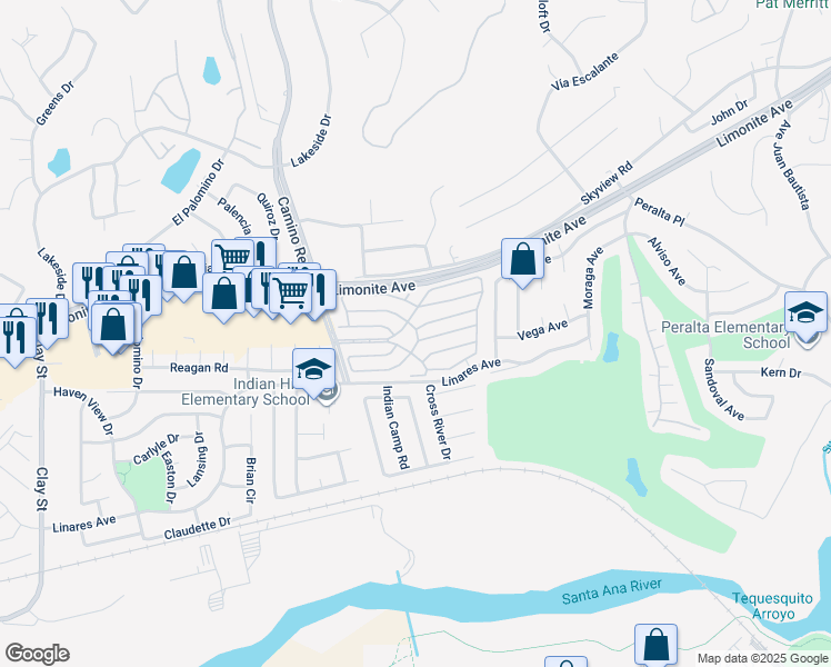 map of restaurants, bars, coffee shops, grocery stores, and more near 6130 Camino Real in Riverside