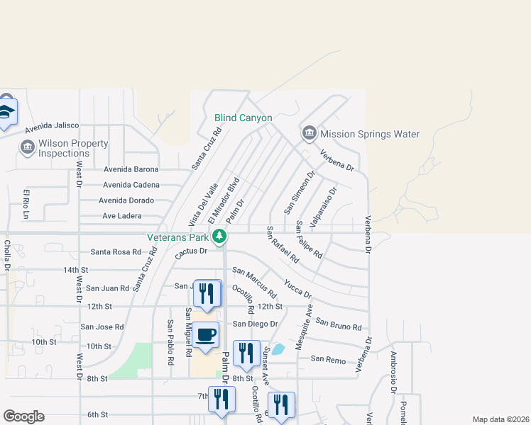 map of restaurants, bars, coffee shops, grocery stores, and more near 9871 San Rafael Road in Desert Hot Springs